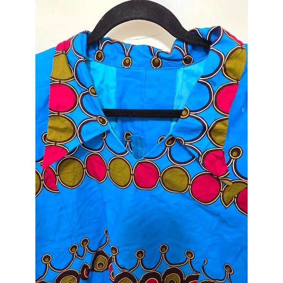 African Print Women's Two Piece Set Short Sleeve Top Bright Blue With Geometric - Picture 4 of 8